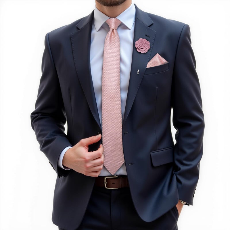 DiBanGu Silk Ties for Men Necktie and Lapel Pin Brooch Set Formal Woven Paisley Plaid Striped Solid Tie Wedding Party, Blush Pink - Image 2